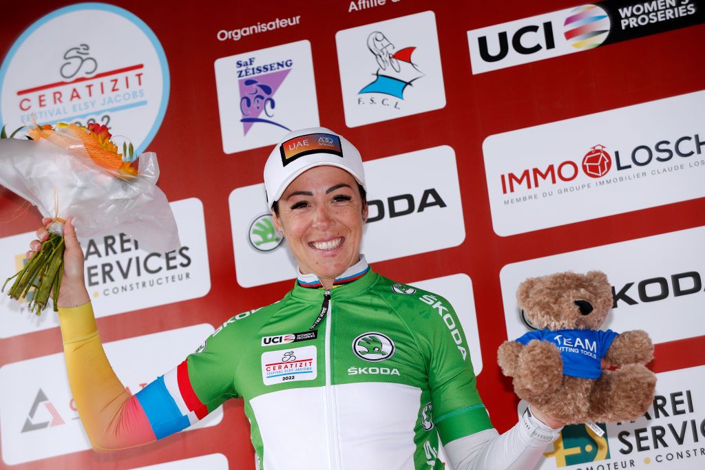 GARNICH LUXEMBOURG MAY 01 Marta Bastianelli of Italy and UAE Team ADQ celebrates at podium as Green Points Jersey winner during the 14th Ceratizit Festival Elsy Jacobs 2022 Stage 2 a 1093km stage from Garnich to Garnich felsy on May 01 2022 in Garnich Luxembourg Photo by Bas CzerwinskiGetty Images