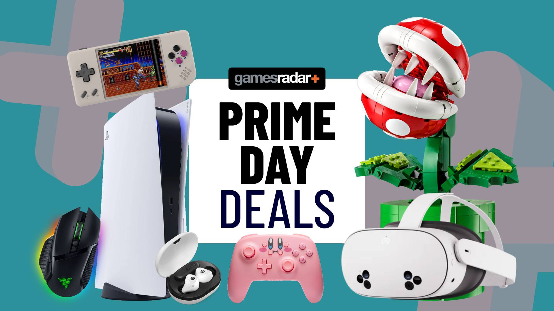 Gaming consoles, PCs, and accessories across PS5, Xbox and Nintendo Switch on a teal background with Prime Day deals badge