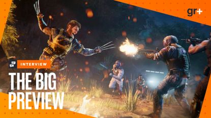 Wolverine, claws out, leaps towards military enemies firing rifles in Marvel's Wolverine for PS5 as he himself wears tactical gear, on the island of Telembang, with the orange Big Preview frame