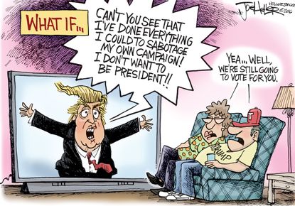 Political cartoon U.S. Donald Trump self-sabatoge voters