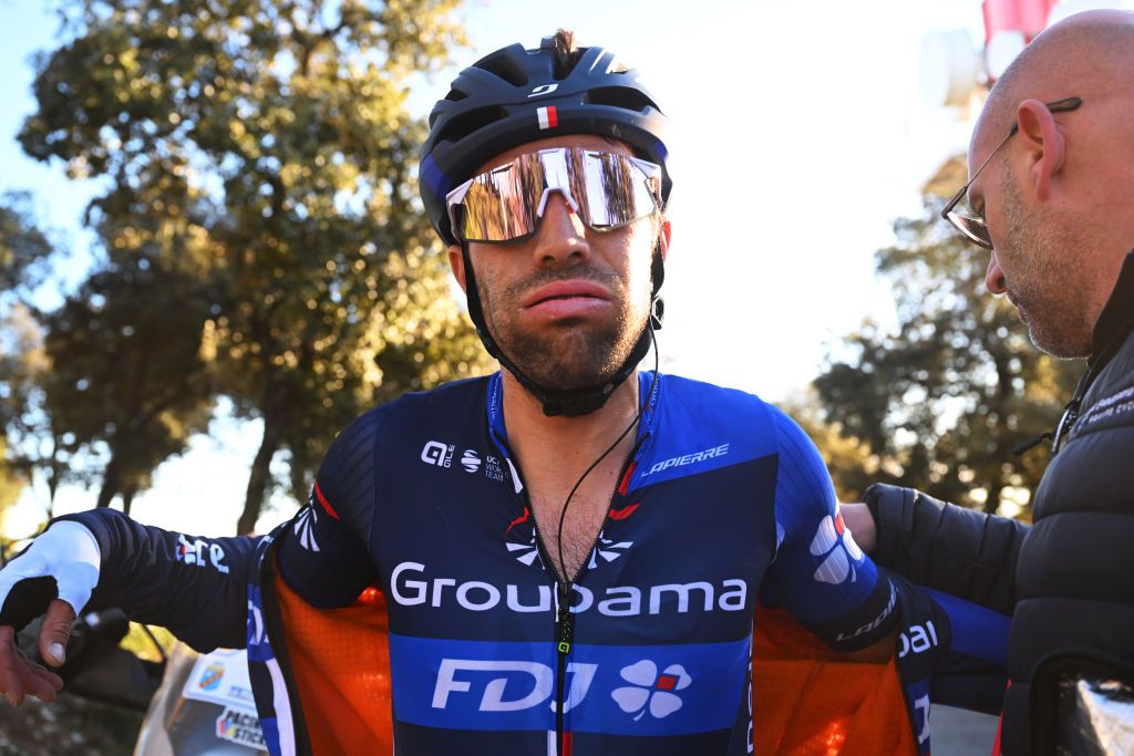 BROUZET LES ALES FRANCE FEBRUARY 04 Thibaut Pinot of France and Team GroupamaFDJ reacts after the 53rd Etoile de Besseges Tour Du Gard 2023 Stage 4 a 1475km stage from SaintChristolLzAls to Le Mont Bouquet Brouzet ls Als 616m EDB2021 on February 04 2023 in SaintChristolLzAls France Photo by Luc ClaessenGetty Images