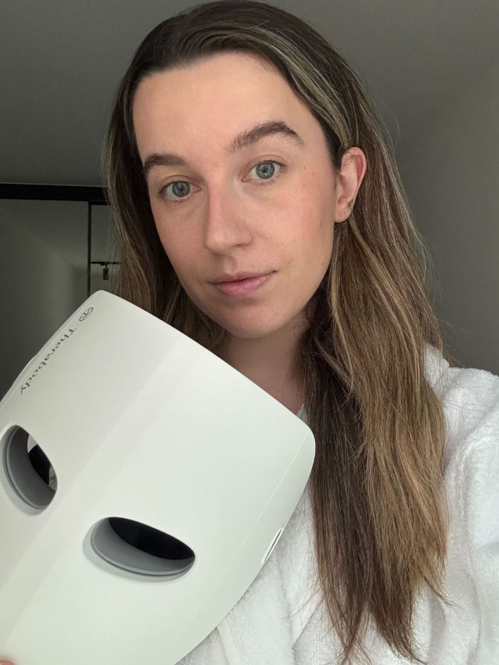 Deputy beauty editor Grace Lindsay testing the Therabody TheraFace Mask Glo