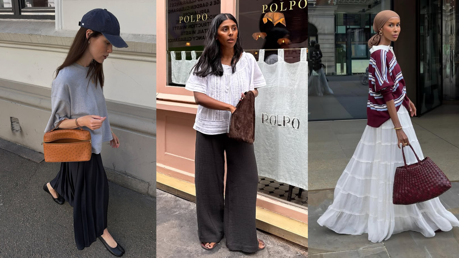 Three influencers showcasing handbags in expensive looking bag colours