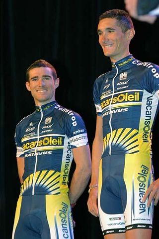 Brice and Romain Feillu (Vacansoleil) are introduced at the team presentation.