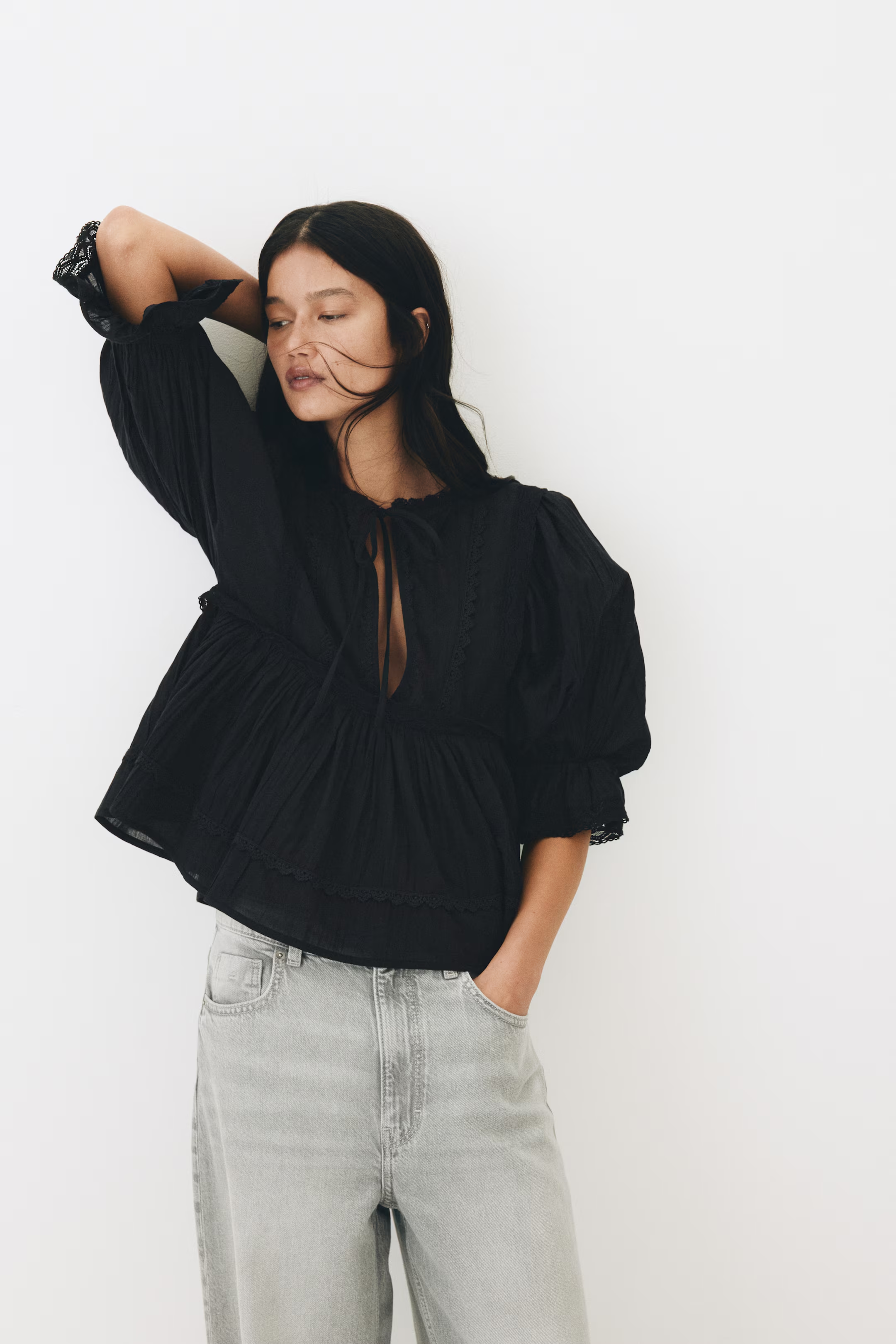 h&amp;m, Lace-Trimmed Cotton Blouse