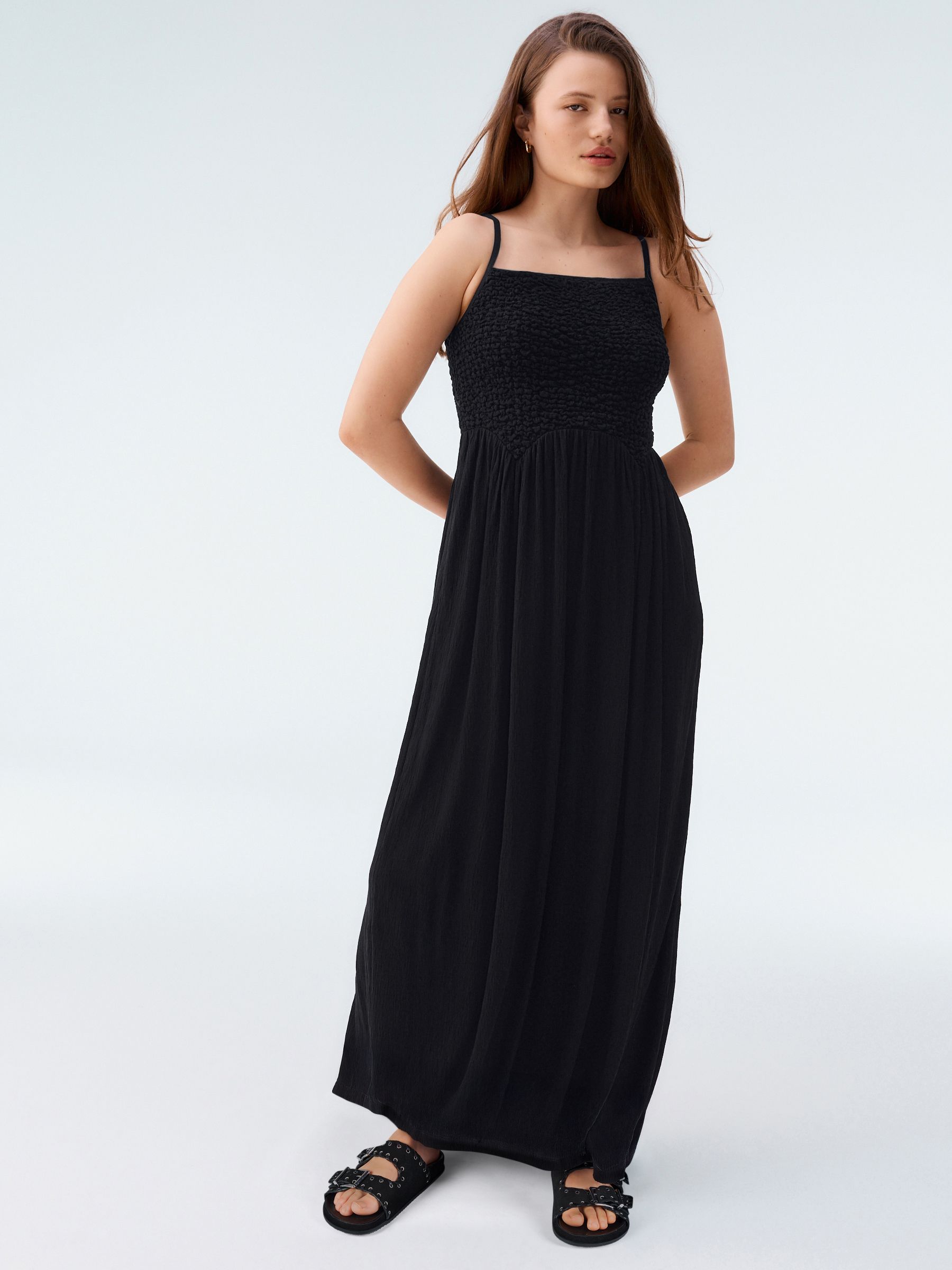 Black Strappy Shirred Jersey Maxi Dress