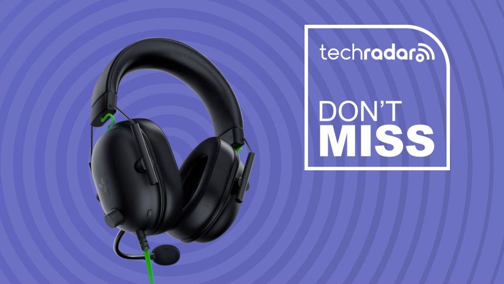 The Razer BlackShark V2 gaming headset on a blue background next to a TechRadar Don&#039;t Miss badge.