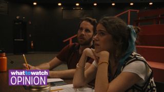 Ben Platt and Molly Gordon in Theater Camp with What to Watch opinion logo superimposed