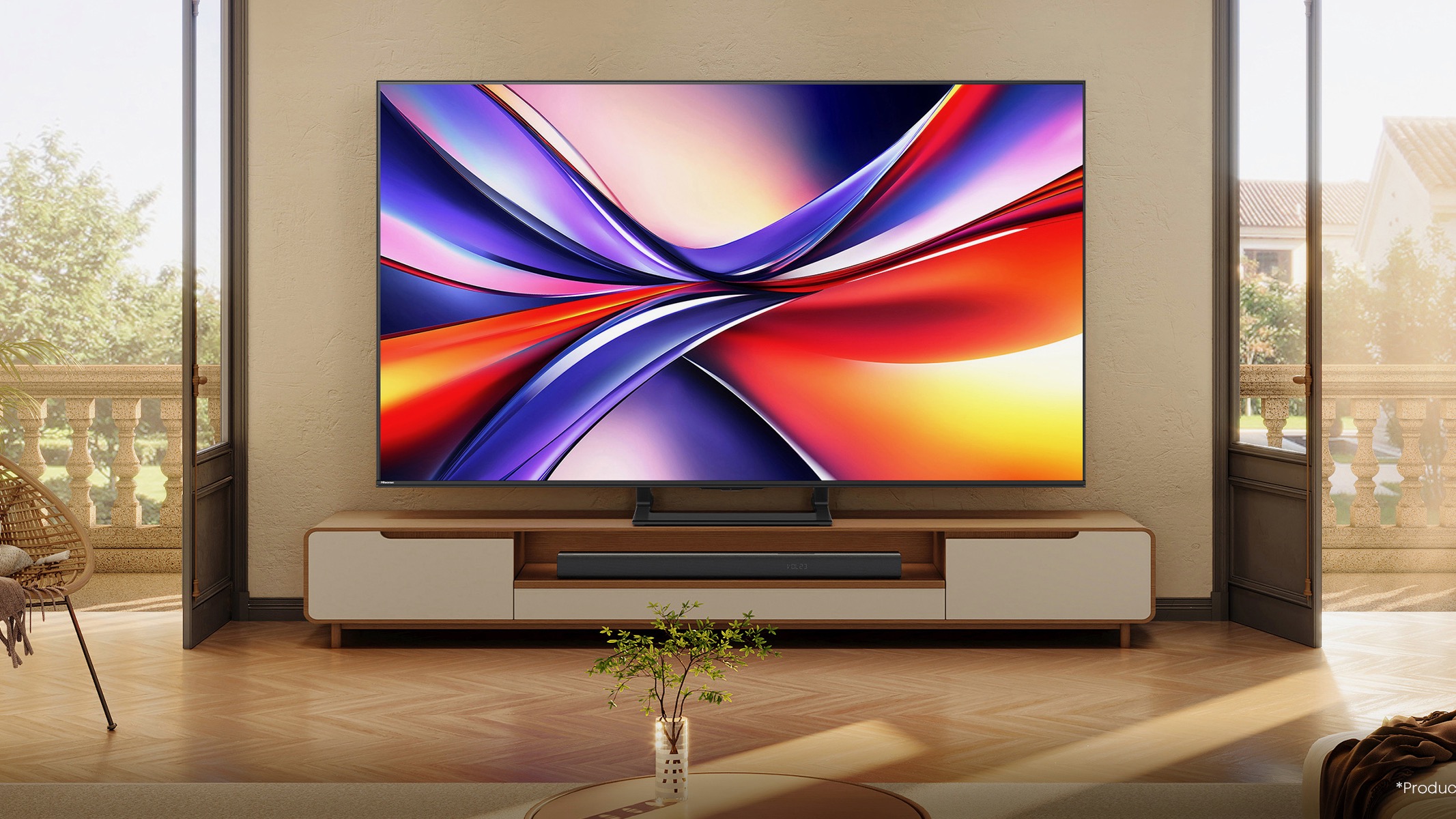 A Hisense A7Q TV on a TV stand in an airy, modern room.