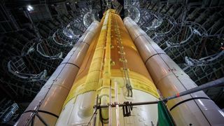 A close-up view of NASA's Artemis 1 Space Launch System megarocket inside the Vehicle Assembly Building at NASA’s Kennedy Space Center in Florida on Sept. 20, 2021.