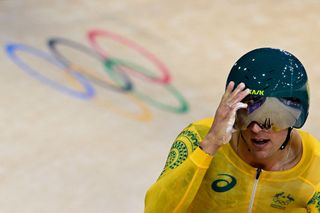 Australia's Sam Welsford reacts after a men's track cycling team pursuit first round of the Paris 2024 Olympic Games at the Saint-Quentin-en-Yvelines National Velodrome in Montigny-le-Bretonneux, south-west of Paris, on August 6, 2024. (Photo by John MACDOUGALL / AFP)