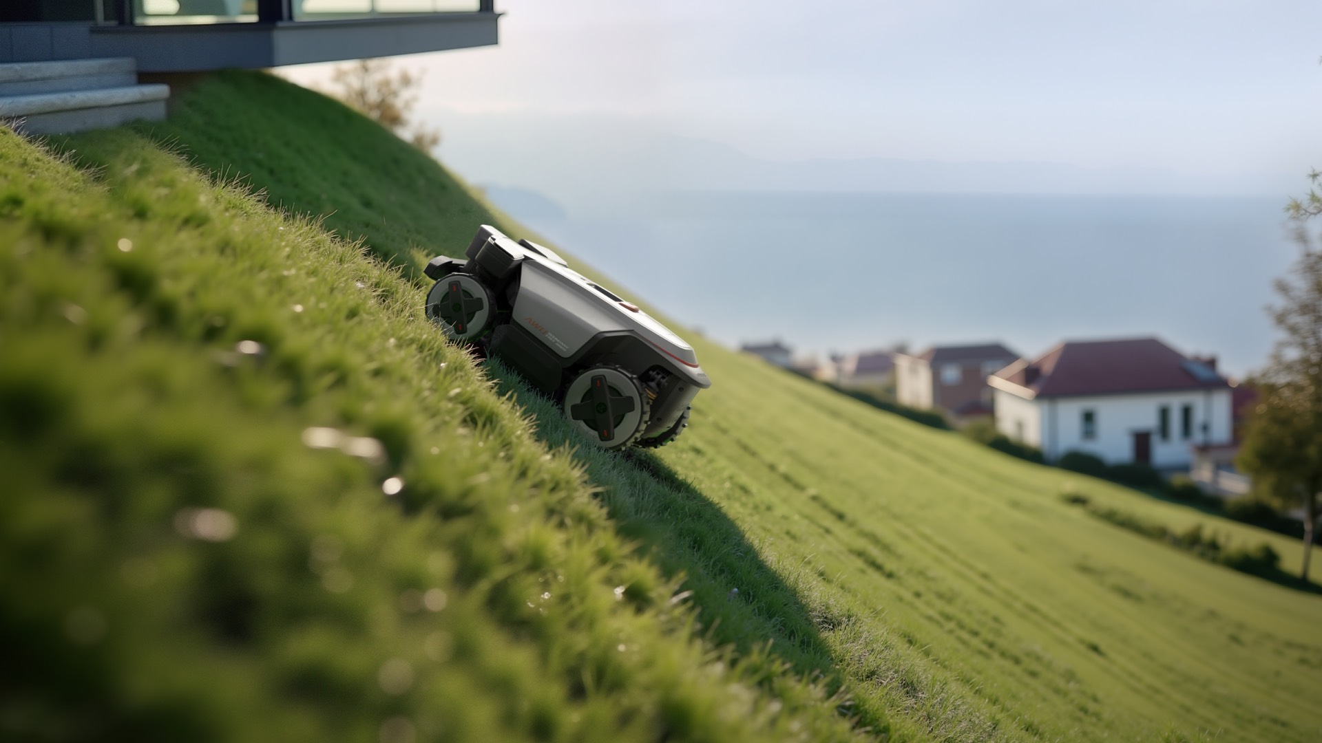 RockMow Z1 robot lawn mower going up a hill