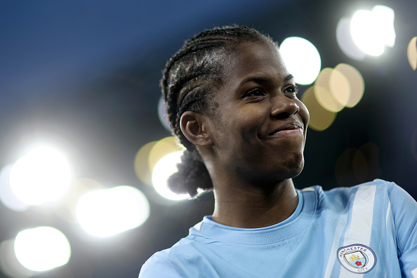 MANCHESTER, ENGLAND - FEBRUARY 01: Khadija Shaw of Manchester City reacts during the Barclays Women's Super League match between Manchester City and Chelsea FC at Etihad Stadium on February 01, 2026 in Manchester, England.