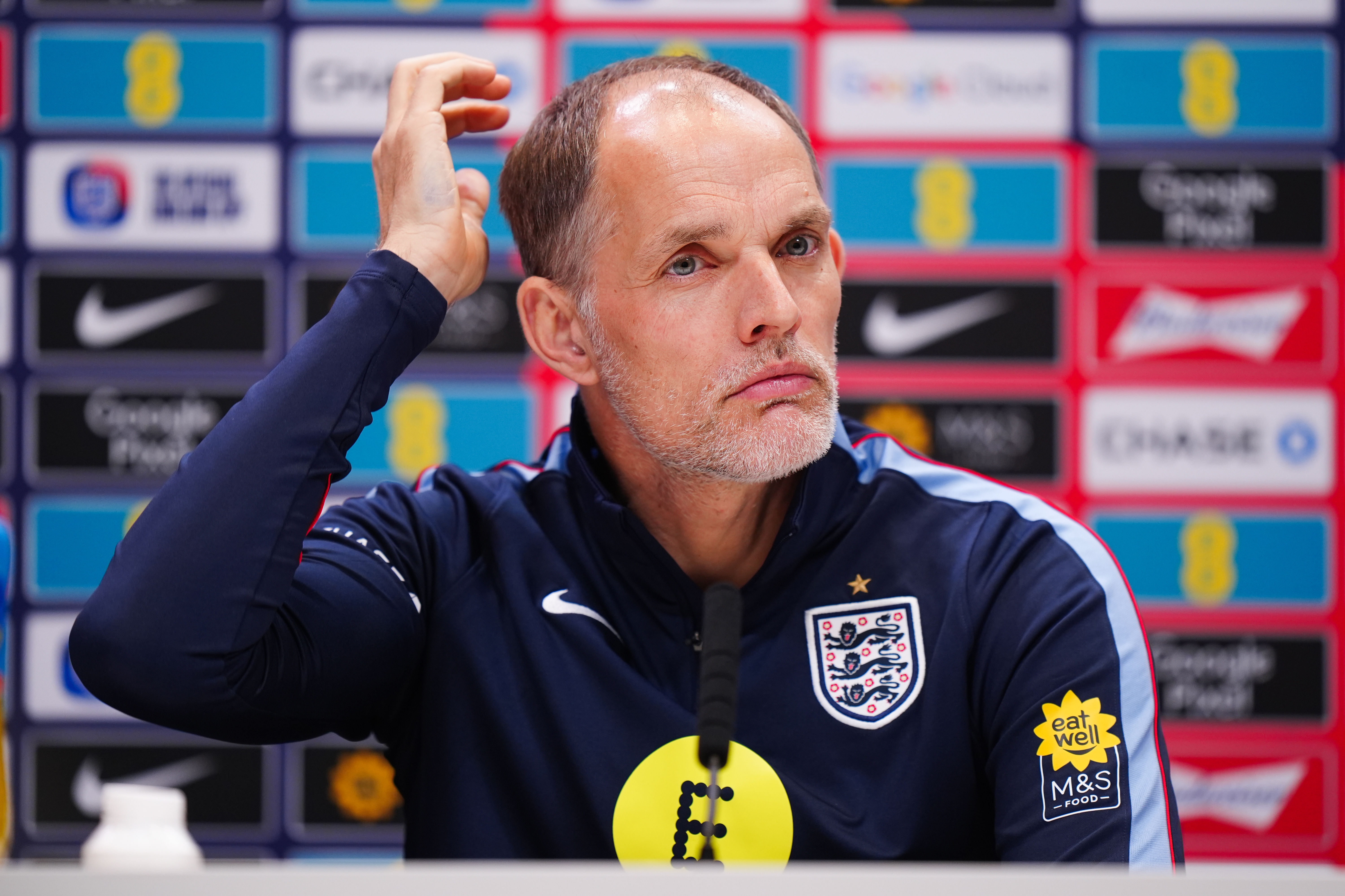 ENFIELD, ENGLAND - MARCH 30: England manager Thomas Tuchel speaks to the media during a press conference at Tottenham Hotspur Training Centre on March 30, 2026 in Enfield, England. (Photo by Bradley Collyer - Pool/Getty Images)