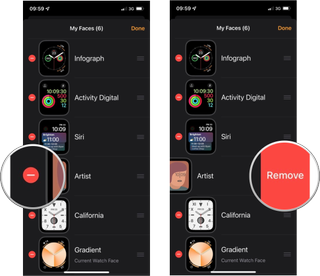 Remove an Apple Watch face via iPhone: Tap on the red delete icon to the left of the watch face you want to remove, then tap on Remove.