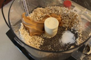 All the ingredients for energy balls in the mixing bowl