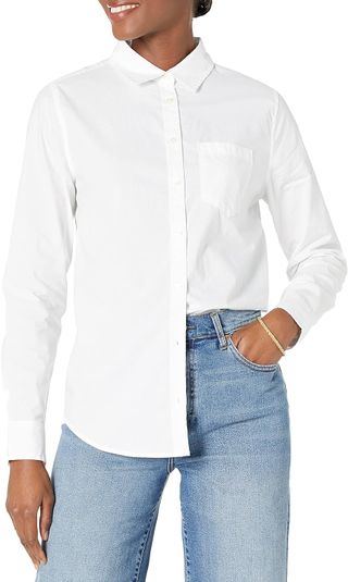 Amazon Essentials Women's Classic-Fit Long-Sleeve Button-Down Poplin Shirt, White, Small