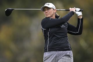 Angela Stanford hits driver at the FIR HILLS SERI PAK Championship at Palos Verdes Golf Club on March 22, 2024