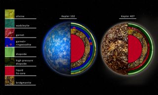 Olivine versus garnet planets: planets whose stars have more silicon than magnesium would have a harder outer core that's less likely to exhibit plate tectonics. Here, a potential planet around the star Kepler 102, whose composition would be more like Ear