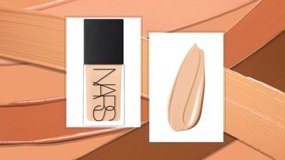 NARS Light reflect foundation with swatches of shades all around it