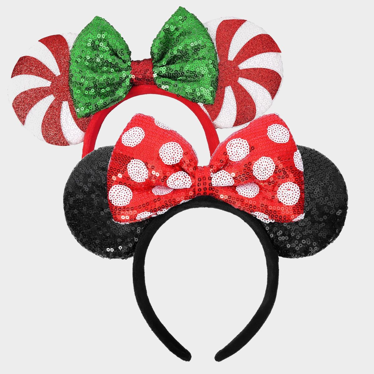 Two sets of sequined Minnie Mouse Ear headbands on a plain background