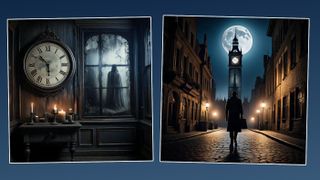 AI-generated images, created using Adobe Firefly. Left image depicts clock in dark period room with ghostly figure looking through the only visible window. Right image depicts back-lit figure walking down a lamp-lit street towards a tall clock tower with a full moon behind it