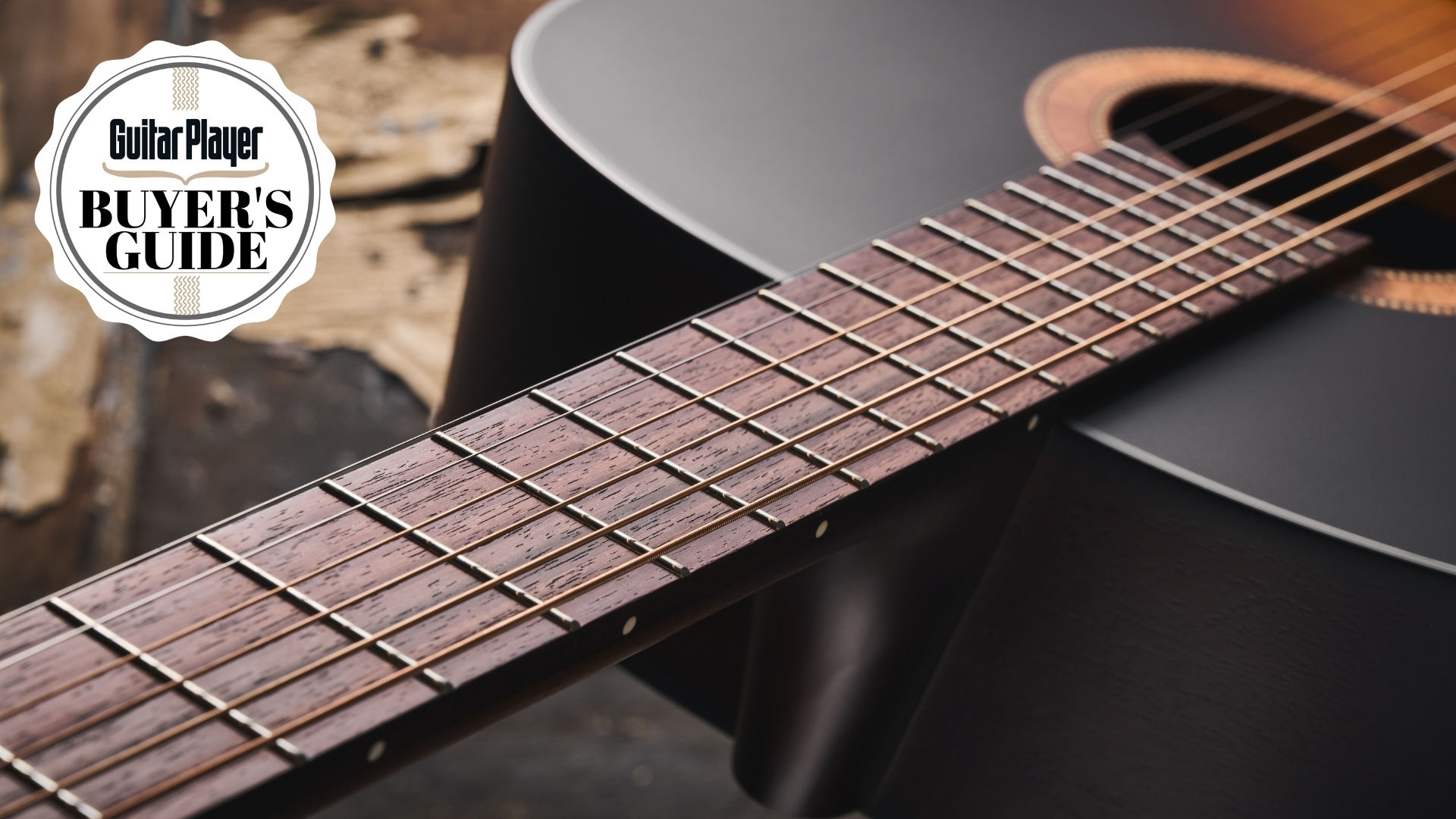 Close up of acoustic guitar strings on an acoustic guitar