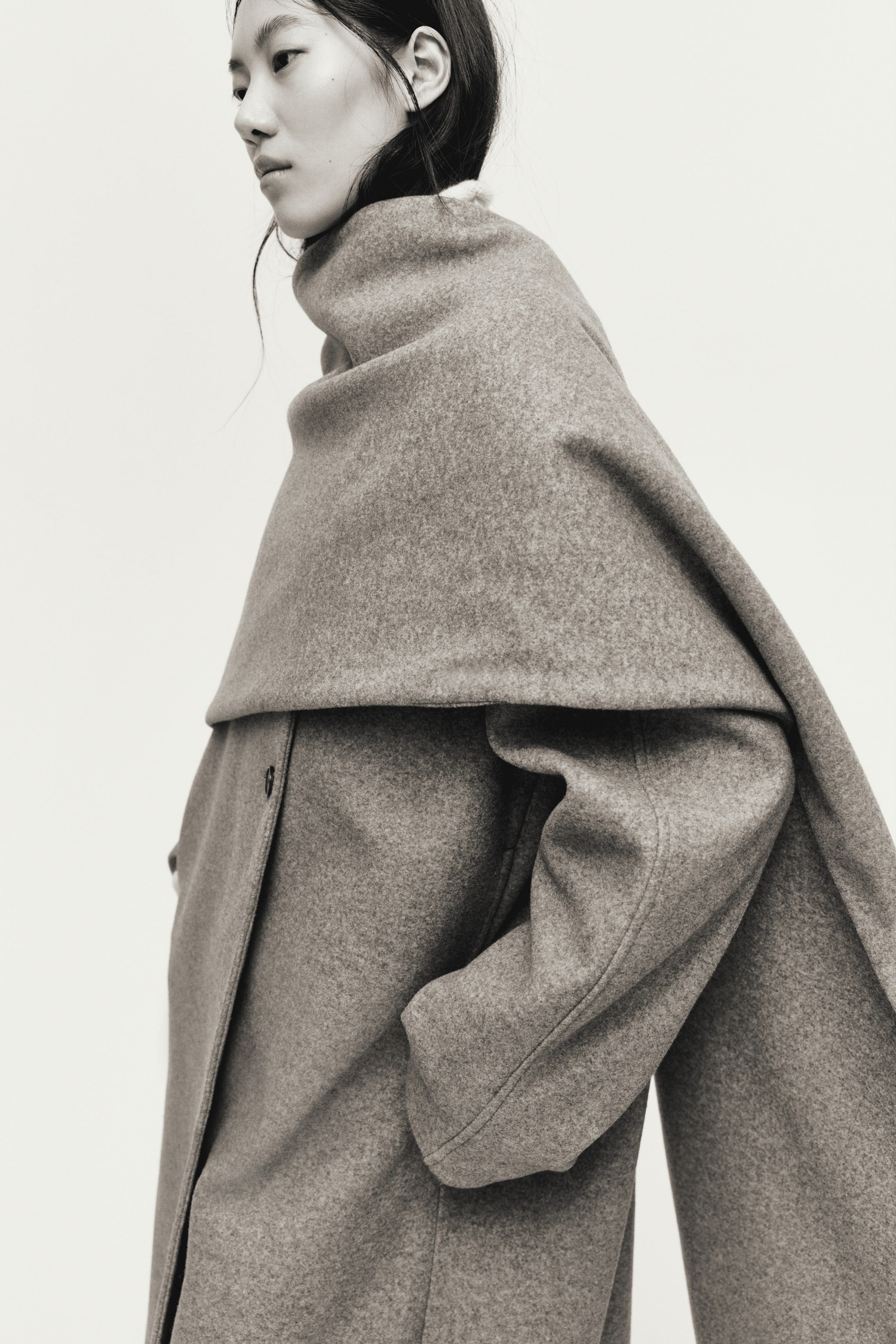 Scarf-Detail Coat - Beige Marl