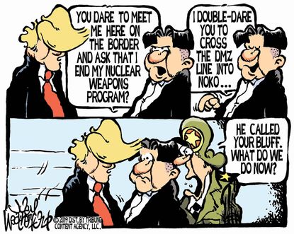 Political Cartoon U.S. Trump Kim Jong Un North Korea DMZ Bluff