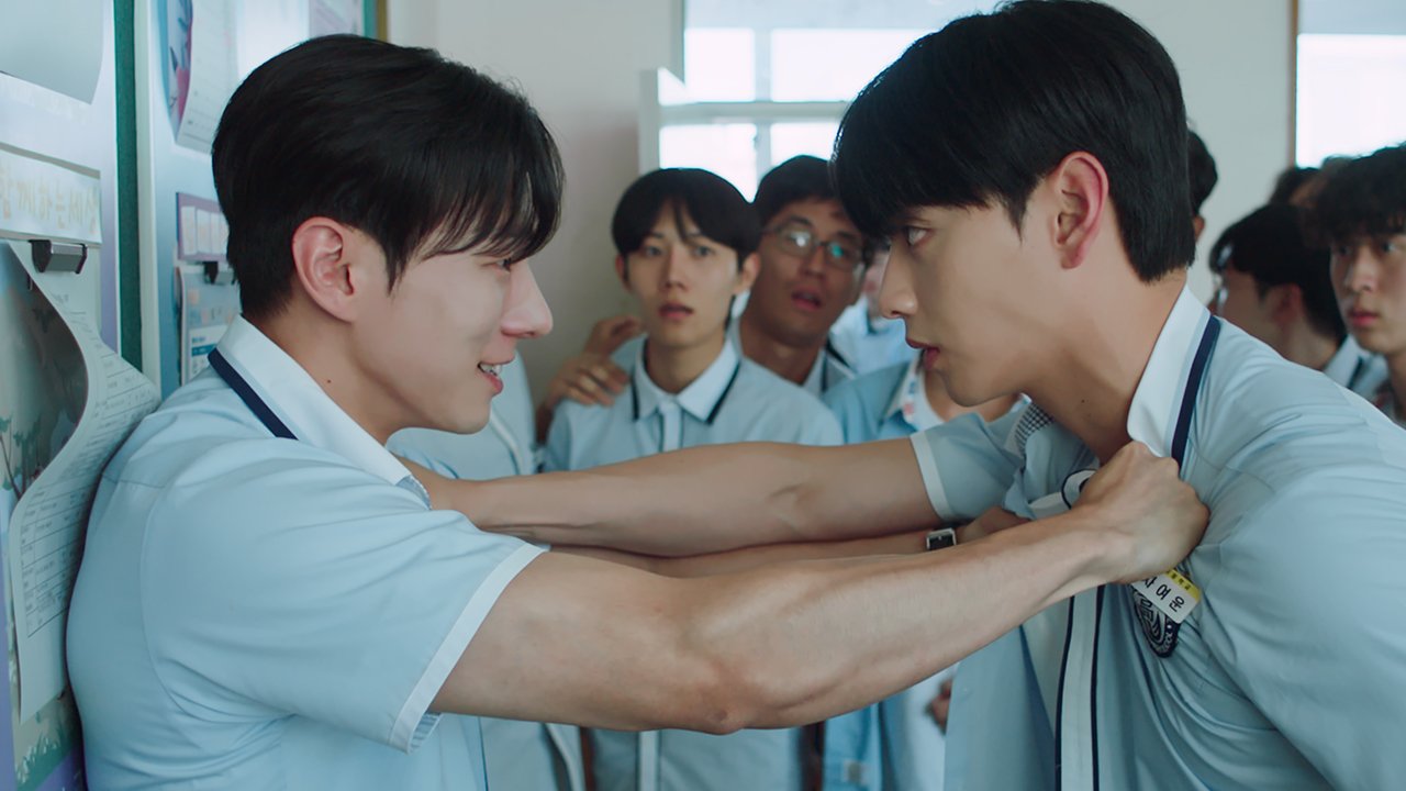 two boys in school uniforms fight against lockers in a still from the bl kdrama love for love's sake