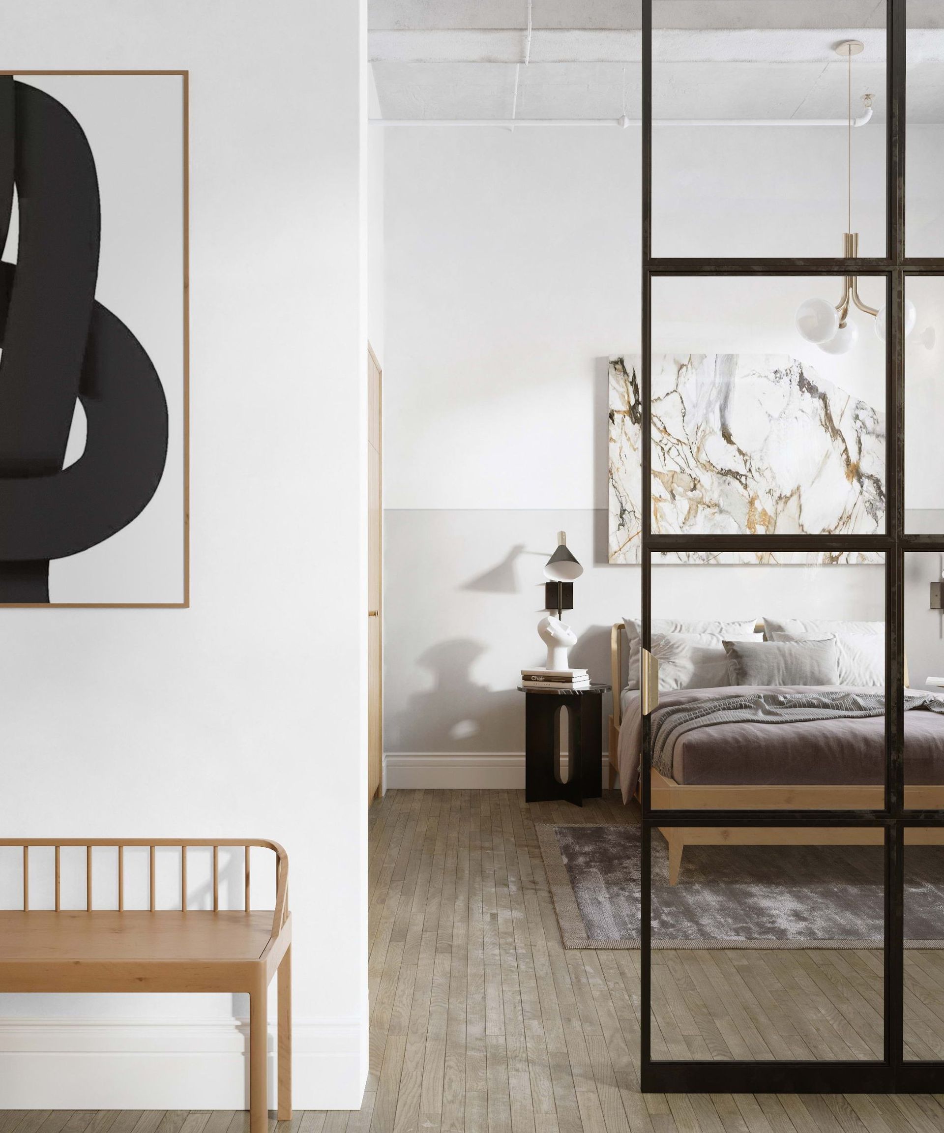 Bedroom painted in White Dove by Benjamin Moore