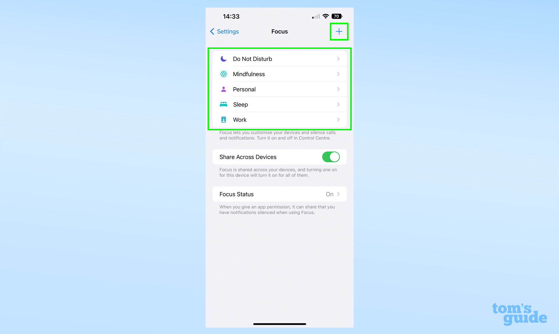 Скриншот приложения настроек iOS, показывающий, где найти доступные режимы фокусировки и как создать новый.