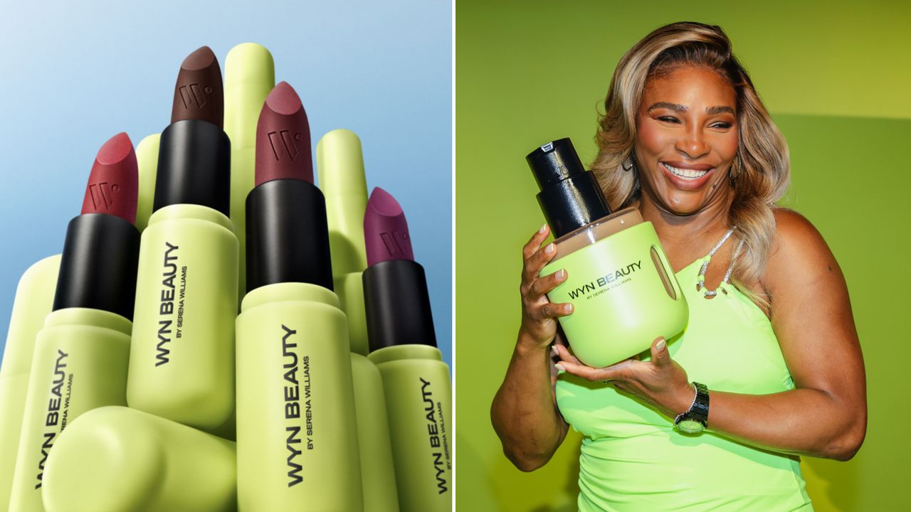 a collage of Serena Williams with her Wyn beauty products