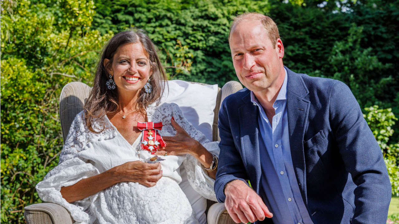 Dame Deborah James and Prince William as she received her Damehood