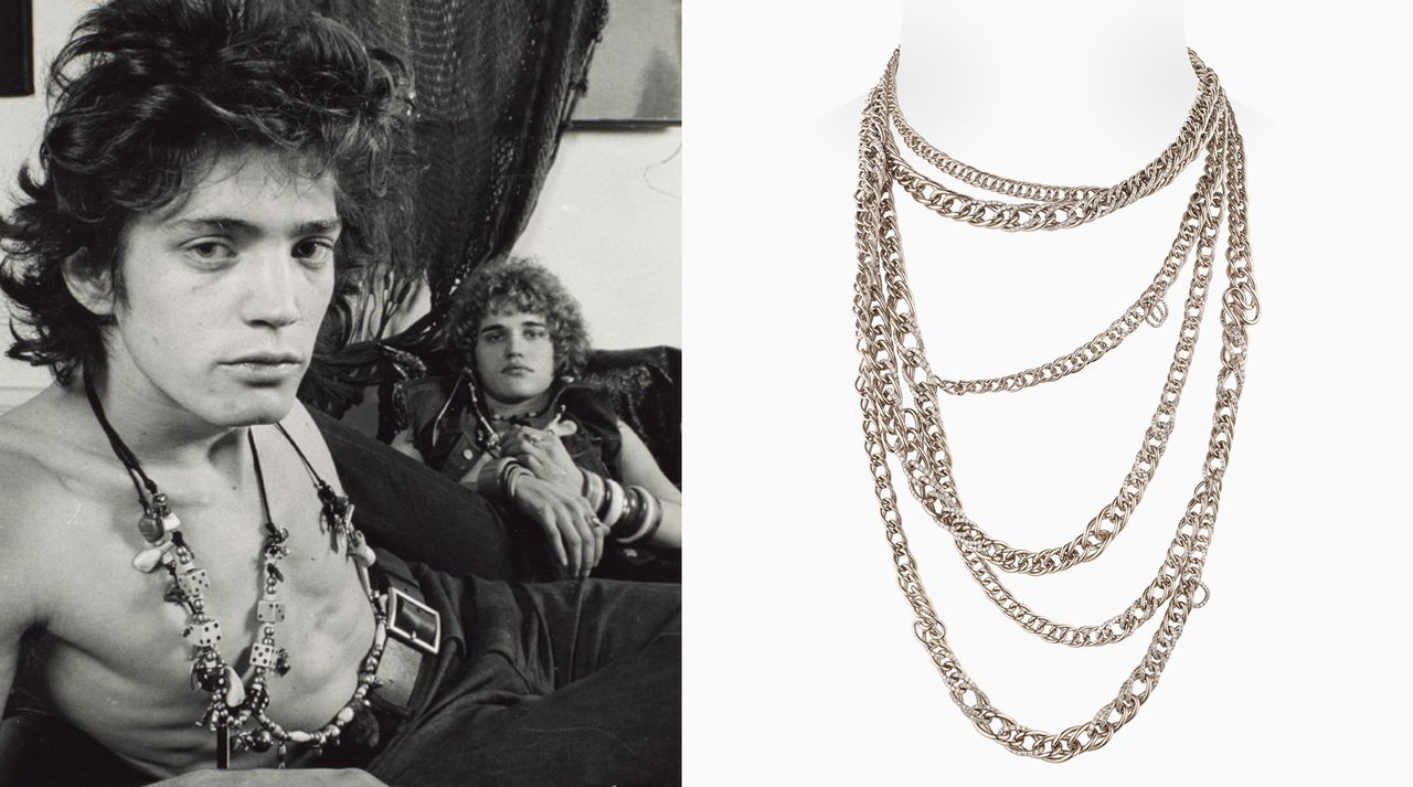 Robert Mapplethorpe wearing a necklace pictured left, a Repossi long white gold necklace pictured right