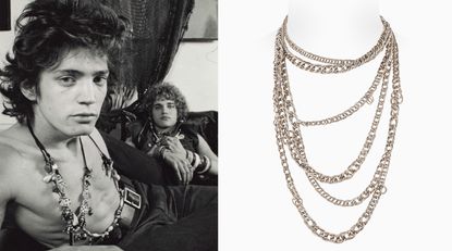 Robert Mapplethorpe wearing a necklace pictured left, a Repossi long white gold necklace pictured right