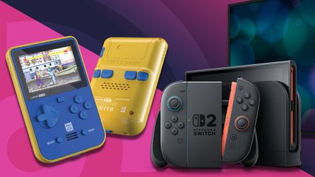 Best handheld games consoles featuring a Nintendo Switch 2 and Super Pocket on a pink/purple gradient background