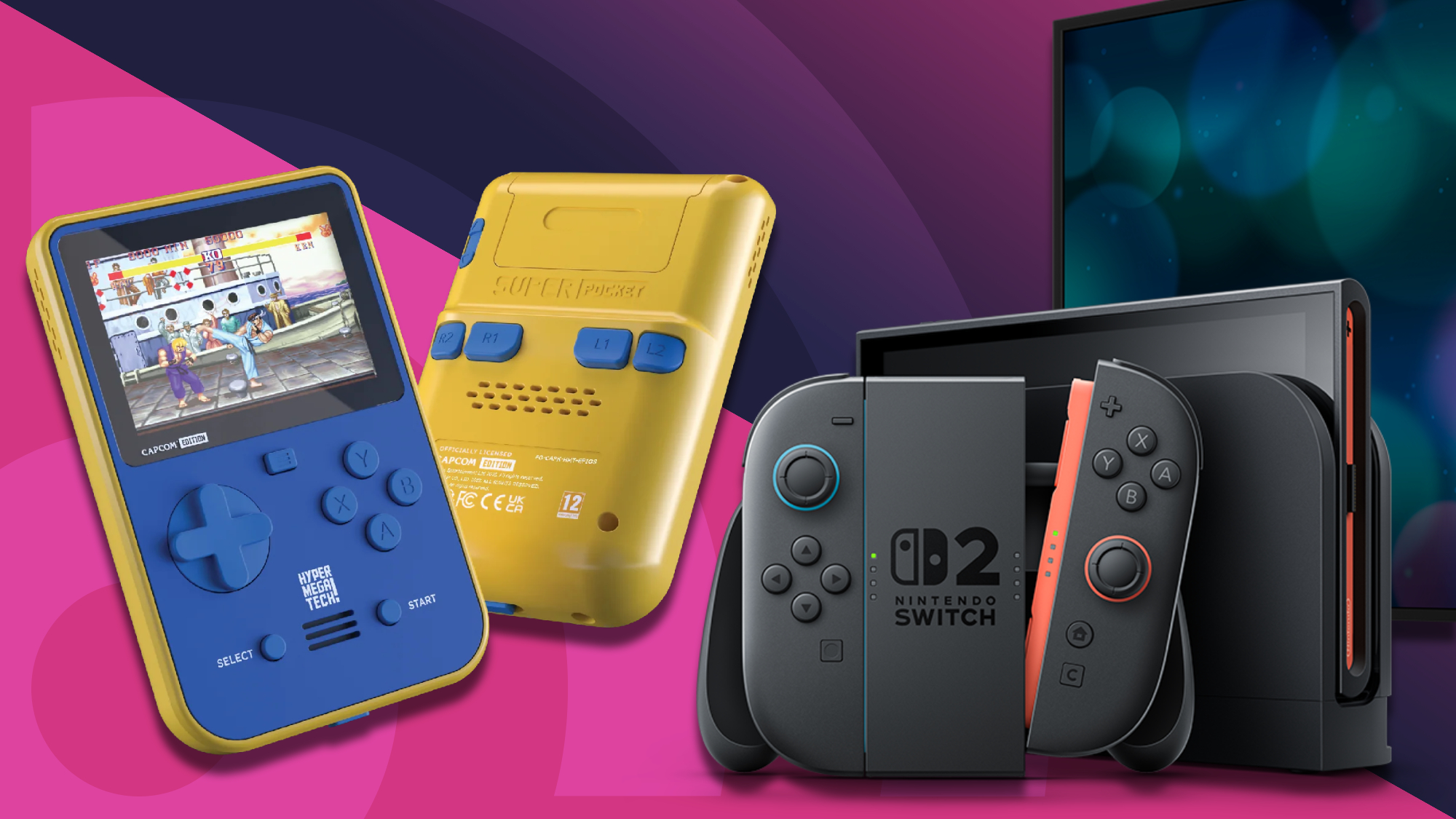 Best handheld games consoles featuring a Nintendo Switch 2 and Super Pocket on a pink/purple gradient background