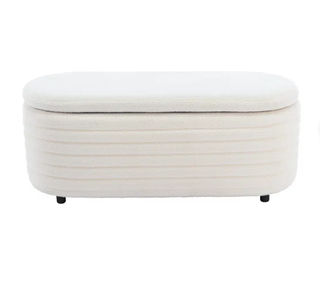 White rounded storage ottoman bench.