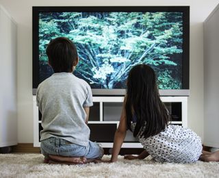 Two children with their backs to the screen watching TV