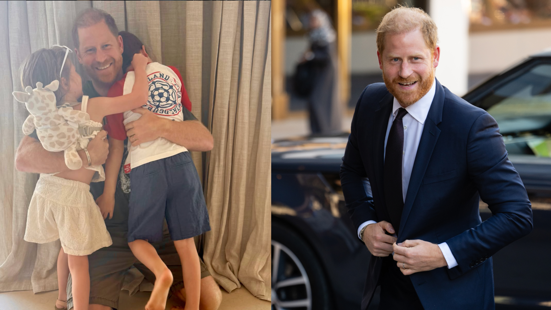 A split of Prince Harry hugging Archie and Lilibet; Prince Harry wearing a suit and smiling