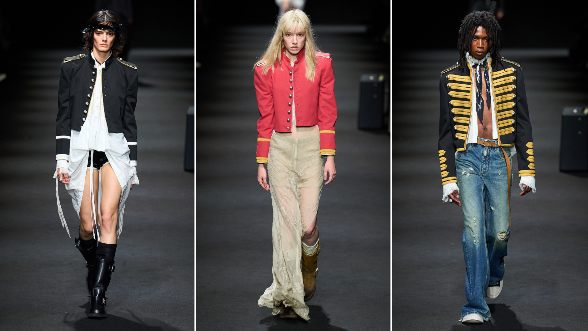 Models wearing black and red military jackets at ann demeulemeester spring 2026