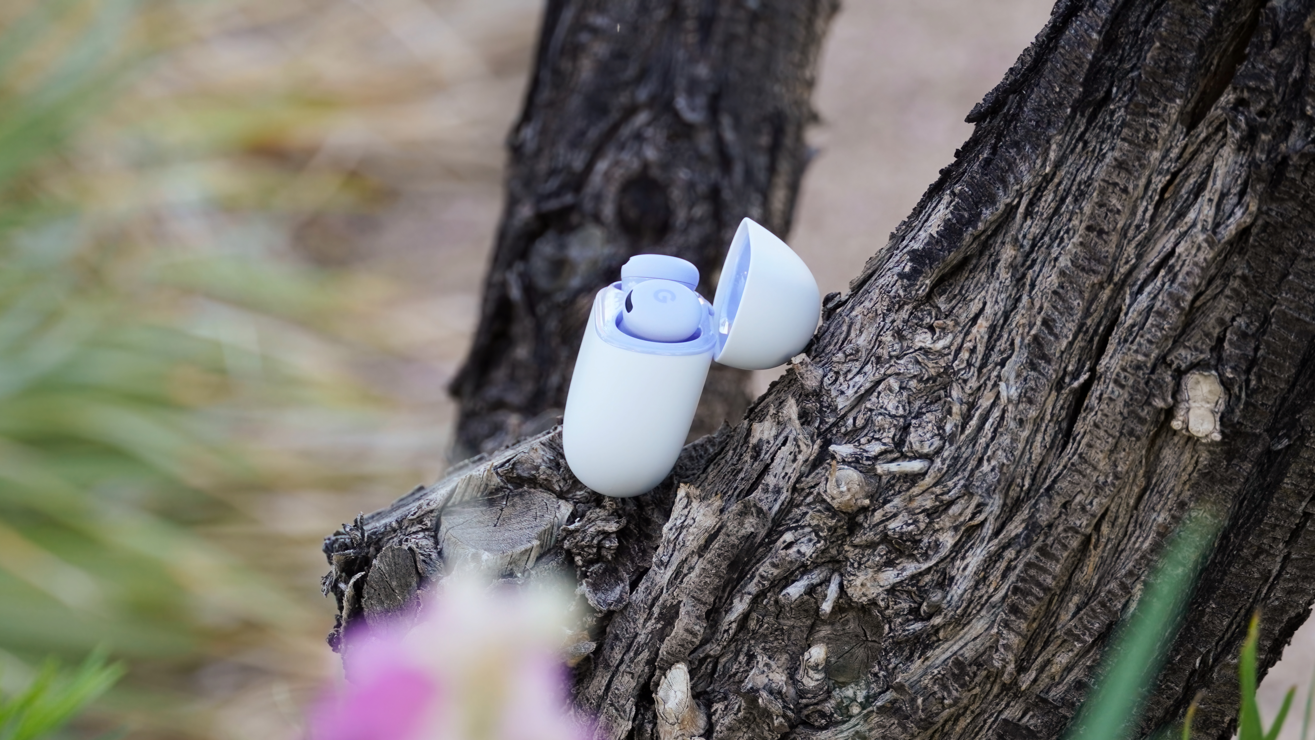 The Google Pixel Buds 2a in the Iris colorway. 