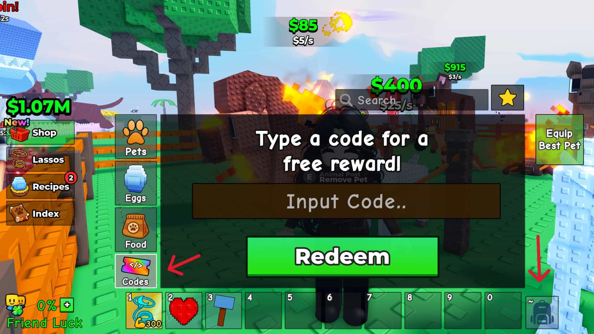 The menu for redeeming Catch and Tame codes, with arrows highlighting where to click for accessing the code menu