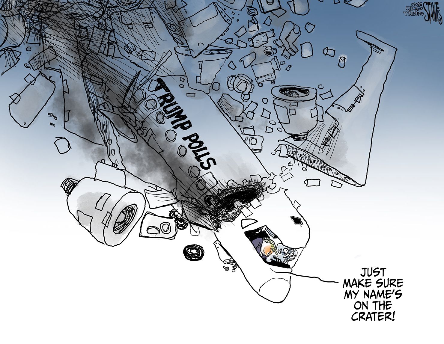 
                                Donald Trump and a scared-looking elephant are in the cockpit of a doomed aircraft that has broken apart and is headed for calamity. It’s labeled “Trump Polls”. Trump says, “Just make sure my name’s on the crater!”
                            
