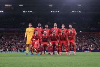 Liverpool players pose for pre-match team group prior to the UEFA Champions League 2024/25 League Phase MD2 match between Liverpool FC and Bologna FC 1909 at Anfield on October 2, 2024 in Liverpool, England.