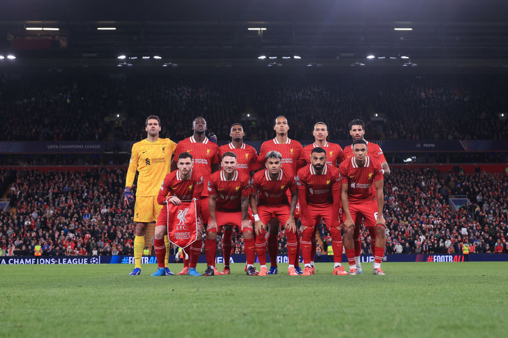 Liverpool players pose for pre-match team group prior to the UEFA Champions League 2024/25 League Phase MD2 match between Liverpool FC and Bologna FC 1909 at Anfield on October 2, 2024 in Liverpool, England.