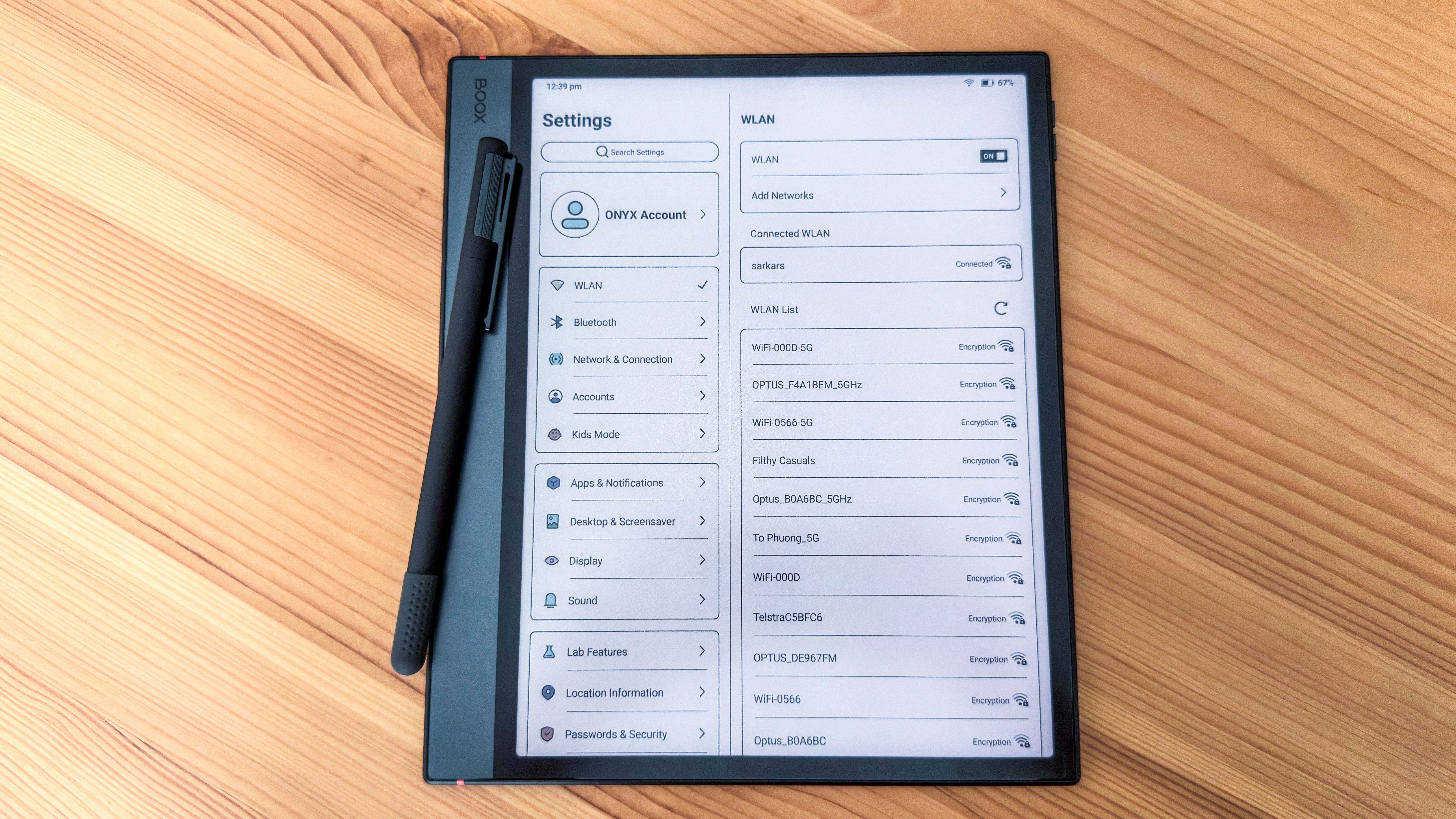 Settings meny on the Boox Note Air5 C