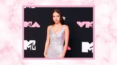 We love Olivia Rodrigo's kitchen. Here's a picture of pop start Olivia Rodrigo in a sparkly dress, on a pink marble background