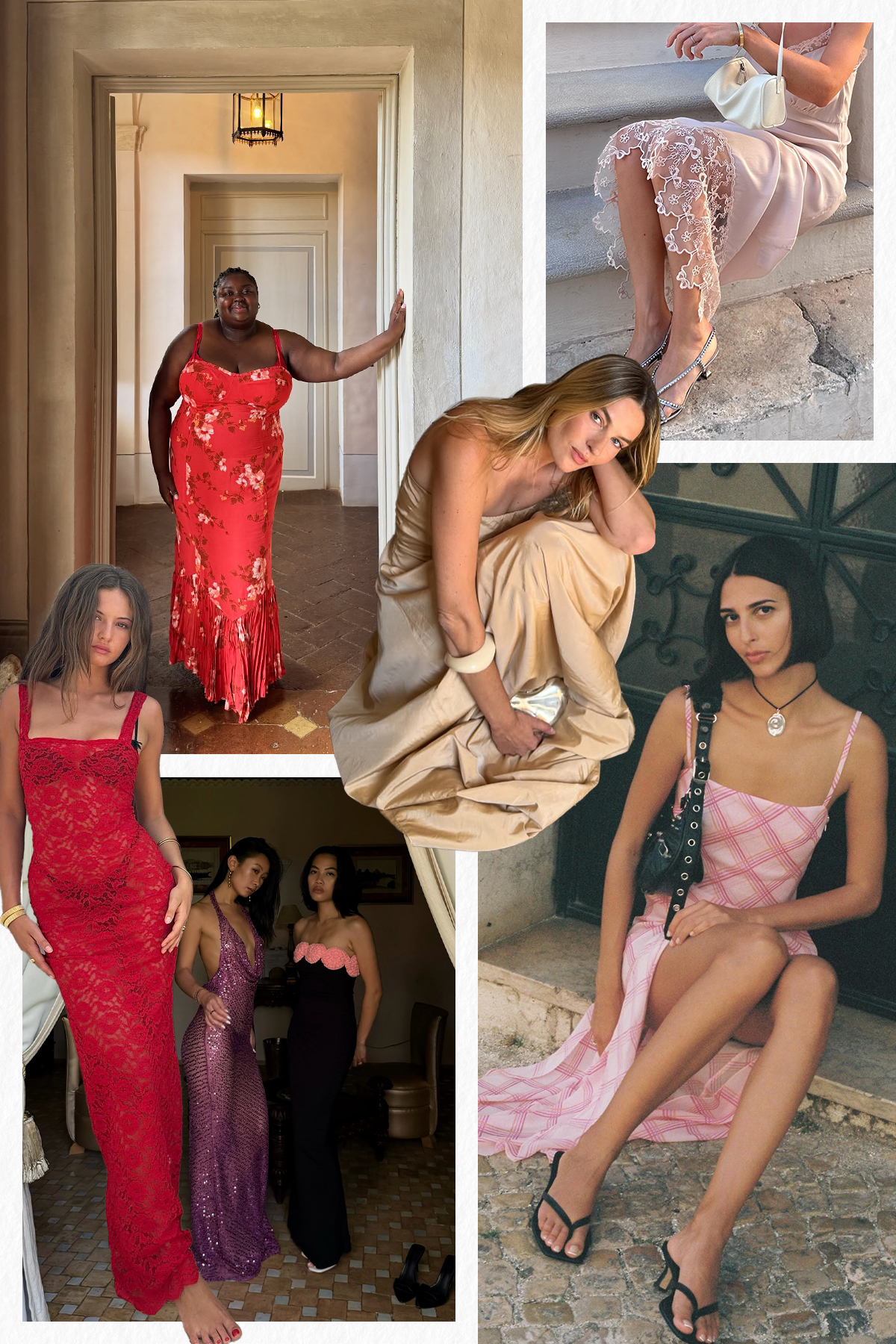 A collage of the best summer wedding guest dresses for destination weddings.